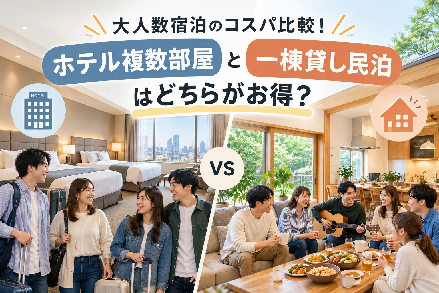 大人数宿泊のコスパ比較！ホテル複数部屋と一棟貸し民泊はどちらがお得？